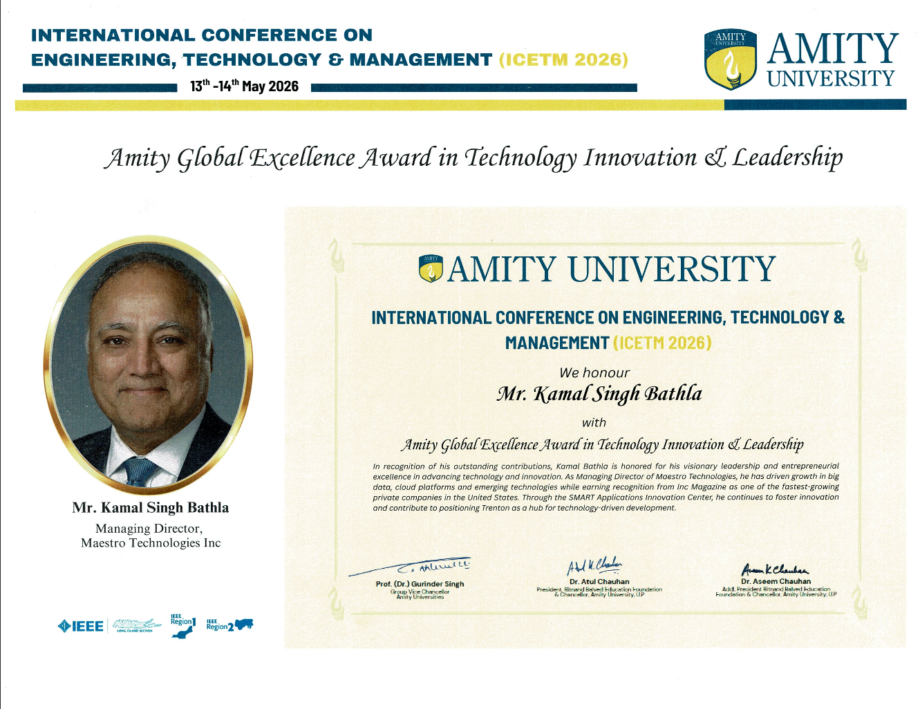 Kamal Bathla - Amity Global Excellence Award